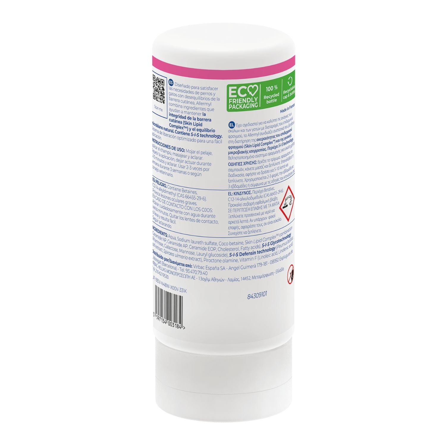 Envase posterior de Allermyl champú dermatológico Virbac para perros y gatos de 250 ml con ingredientes, modo de uso y advertencias en la etiqueta
