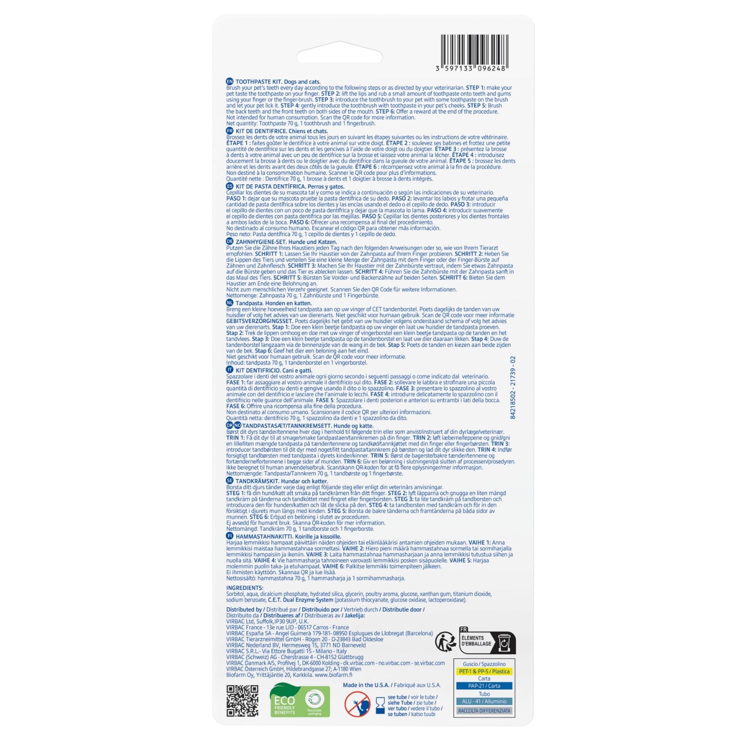 Reverso del envase del kit dental Virbac C.E.T. con instrucciones de uso, recomendaciones y composición de la pasta dentífrica enzimática para perros y gatos
