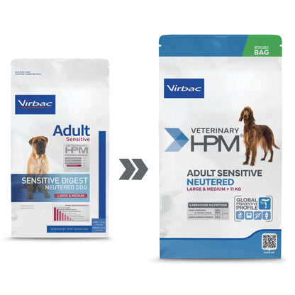 Envase anterior junto al nuevo diseño del Adult Sensitive Neutered de Virbac