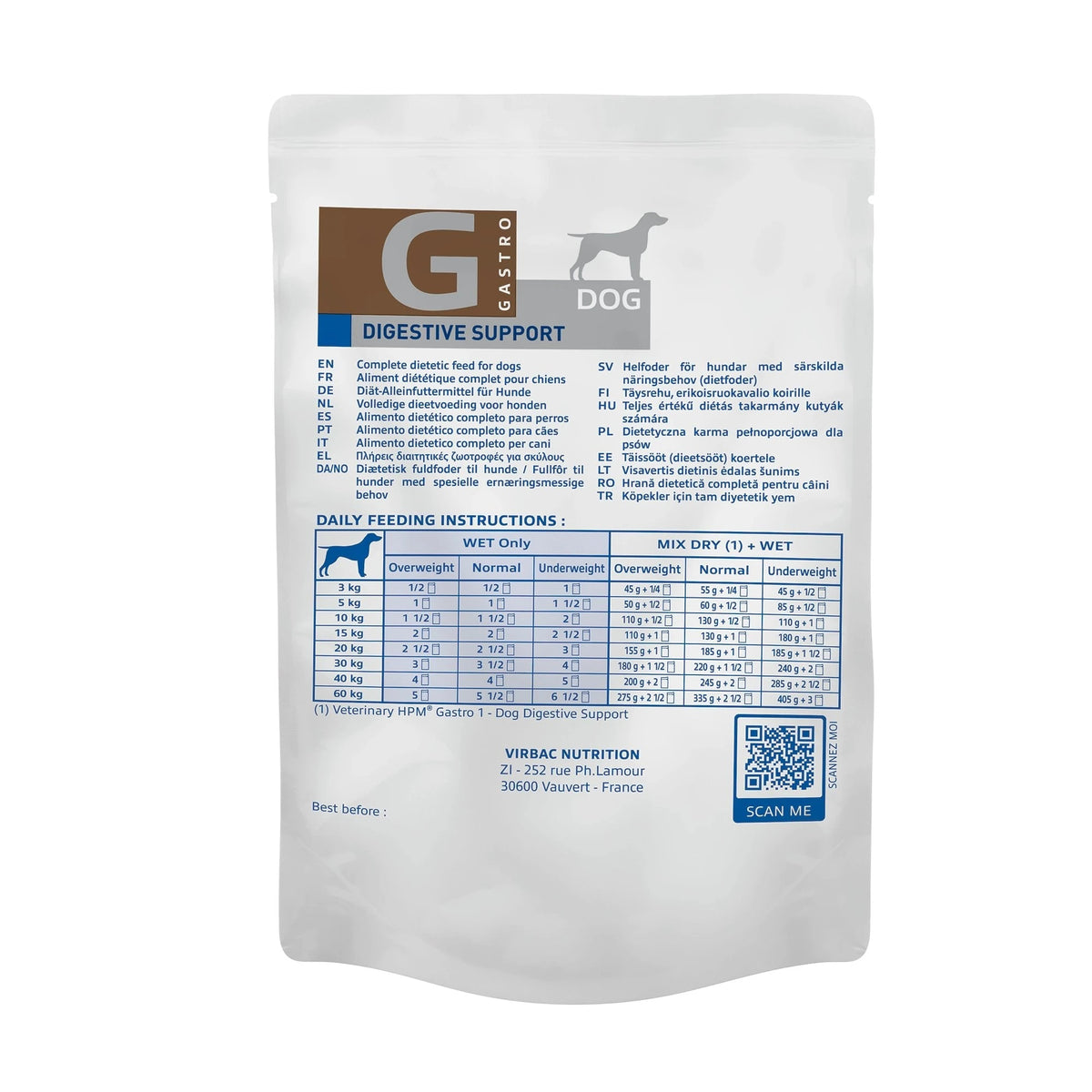 Reverso del sobre Digestive Support con composición y tabla de ración
