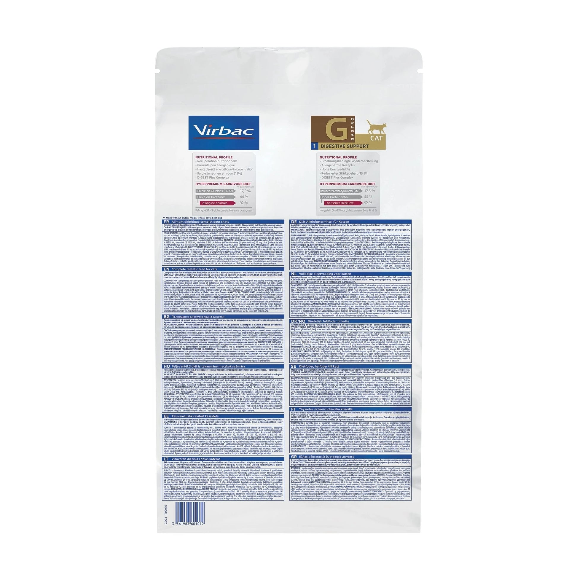 Reverso del saco Virbac HPM Feline G1 con composición, tabla nutricional e indicaciones en varios idiomas