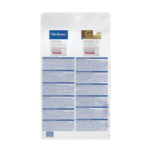 Reverso del saco Virbac HPM Feline G1 con composición, tabla nutricional e indicaciones en varios idiomas