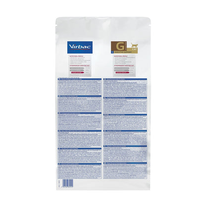 Reverso del saco Virbac HPM Feline G1 con composición, tabla nutricional e indicaciones en varios idiomas