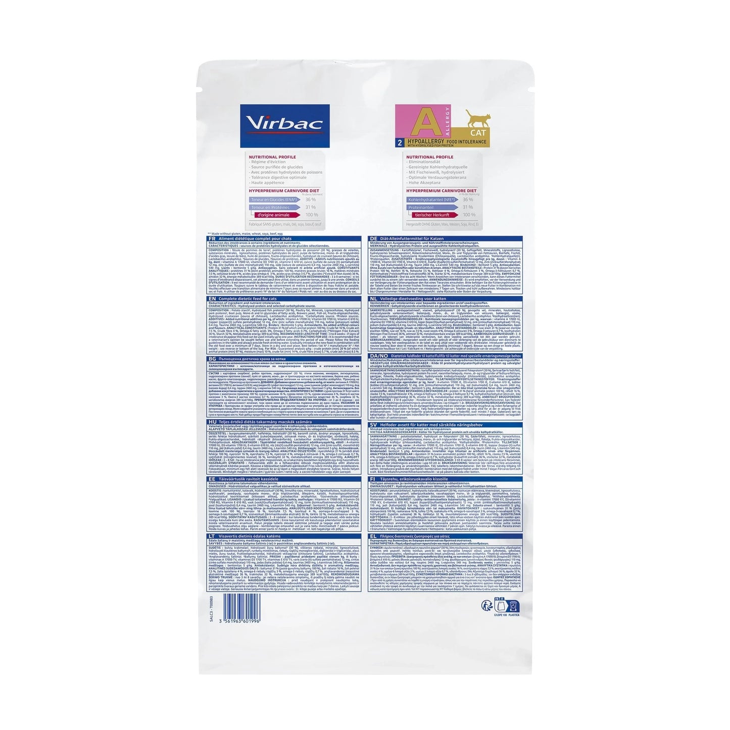 Reverso del saco Virbac HPM Hypoallergy A2 con ingredientes y composición nutricional en varios idiomas