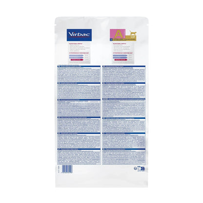Reverso del saco Virbac HPM Hypoallergy A2 con ingredientes y composición nutricional en varios idiomas