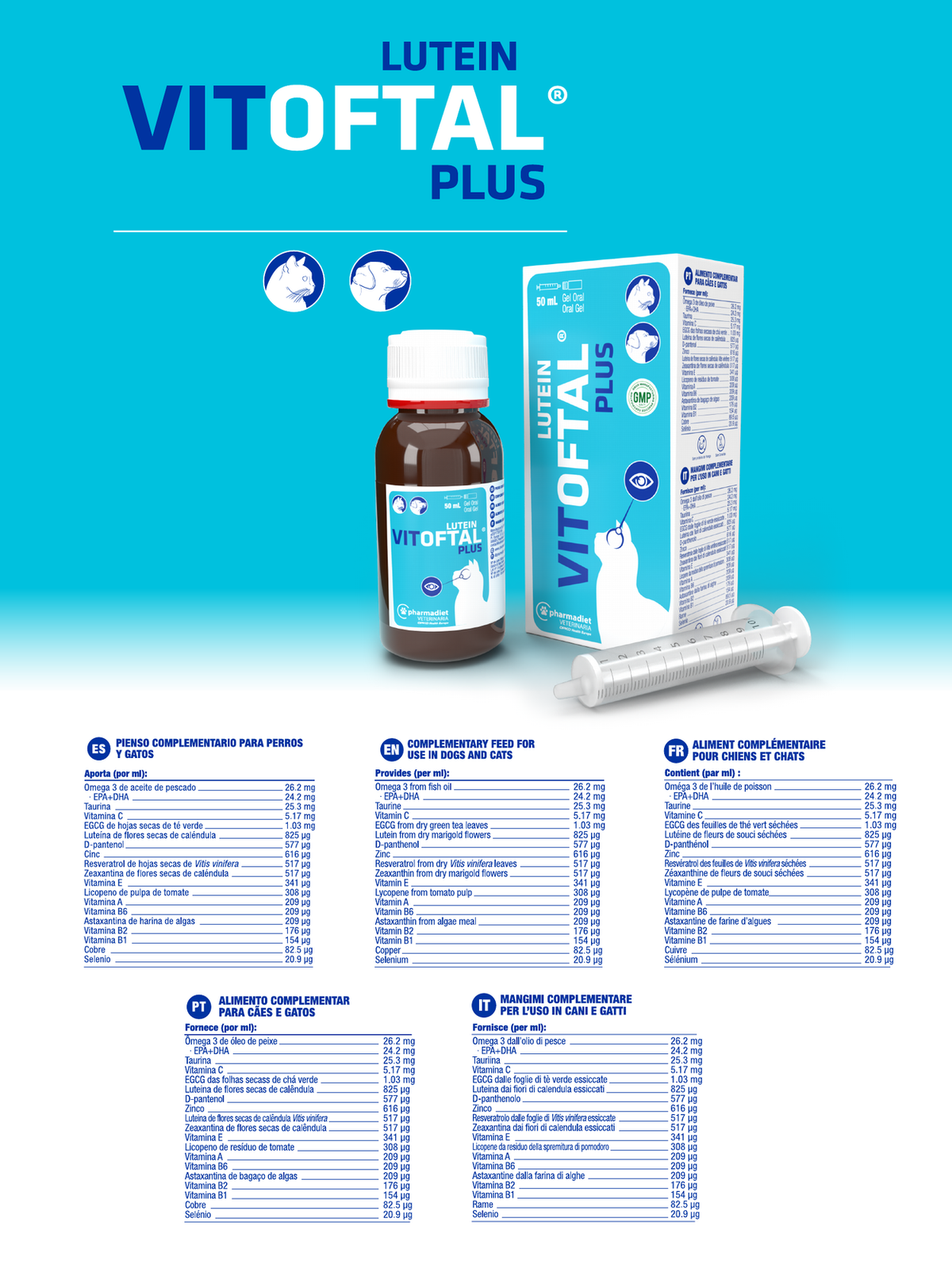 Ficha técnica oficial de Vitoftal Lutein Plus con la composición por ml