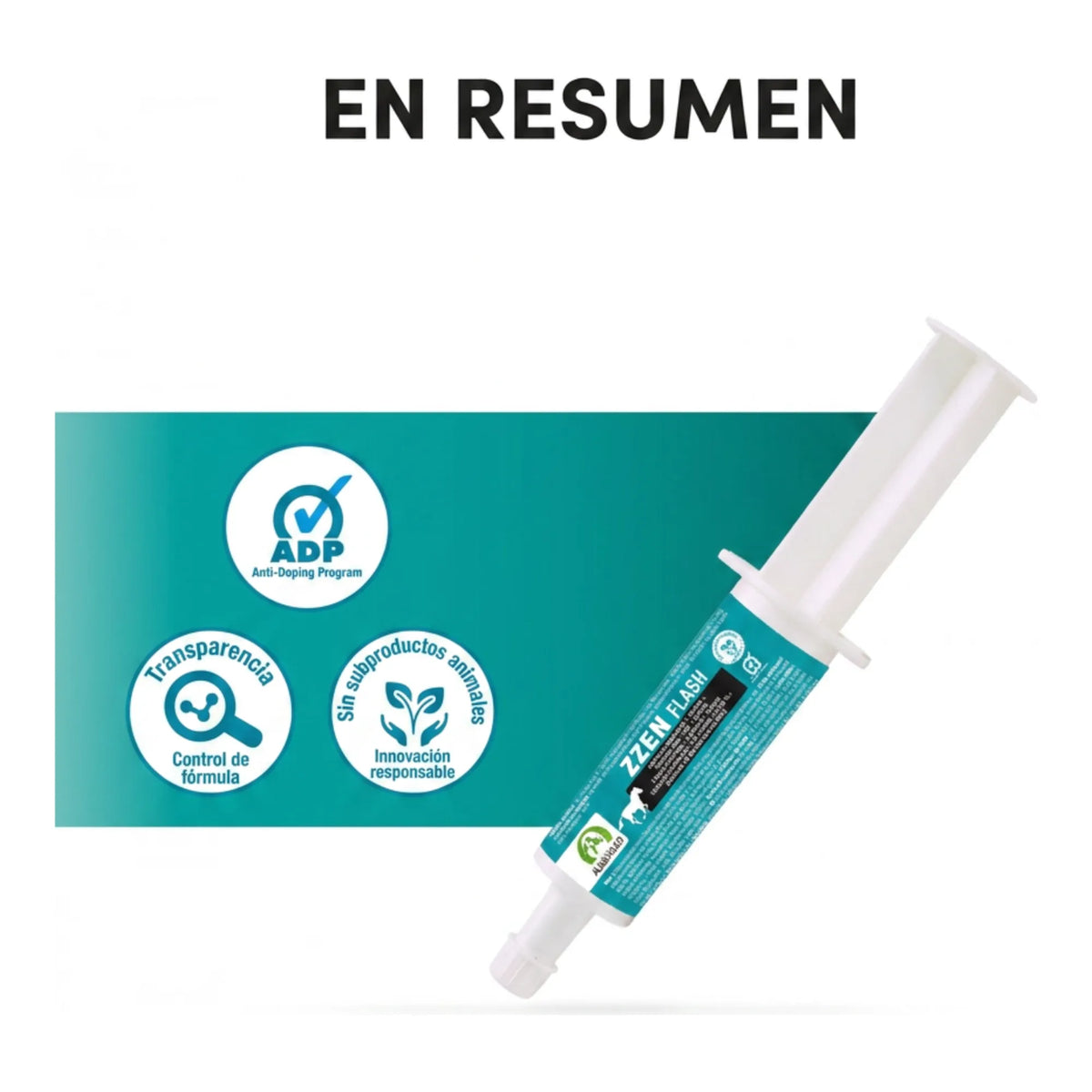 Zzen Flash Audevard para caballos: resumen visual con la jeringa y los sellos de calidad