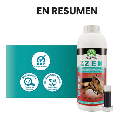 Zzen Audevard solución para caballos: resumen visual con el envase y los sellos de calidad
