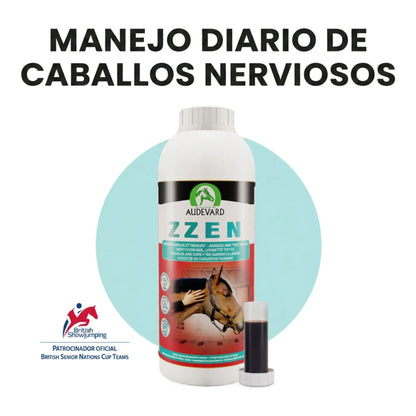 Infografía sobre el manejo diario de caballos nerviosos con la botella de Zzen